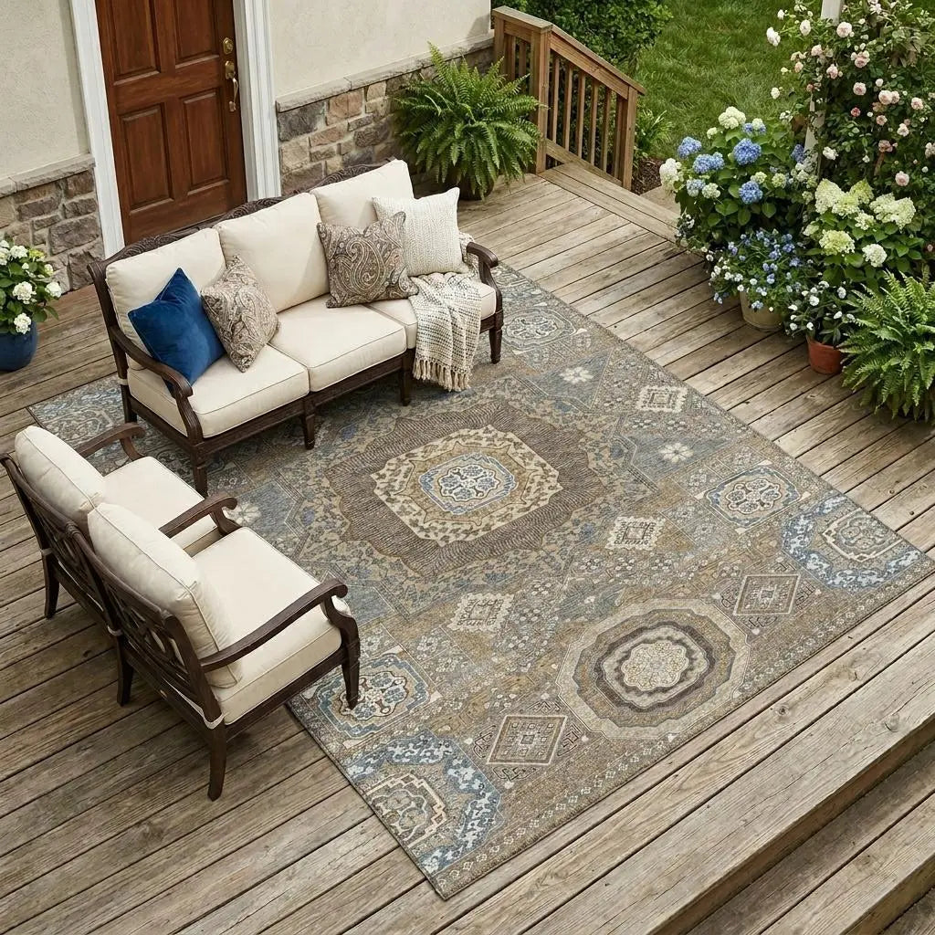 8' X 10' Taupe And Beige Oriental Washable Indoor Outdoor Area Rug Homeroots Outdoor