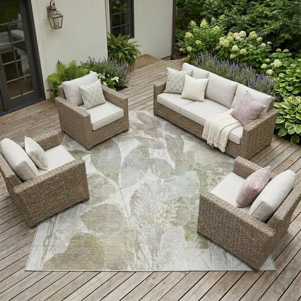 8' X 10' Taupe And Brown Botanical Leaves Washable Indoor Outdoor Area Rug Homeroots Outdoor