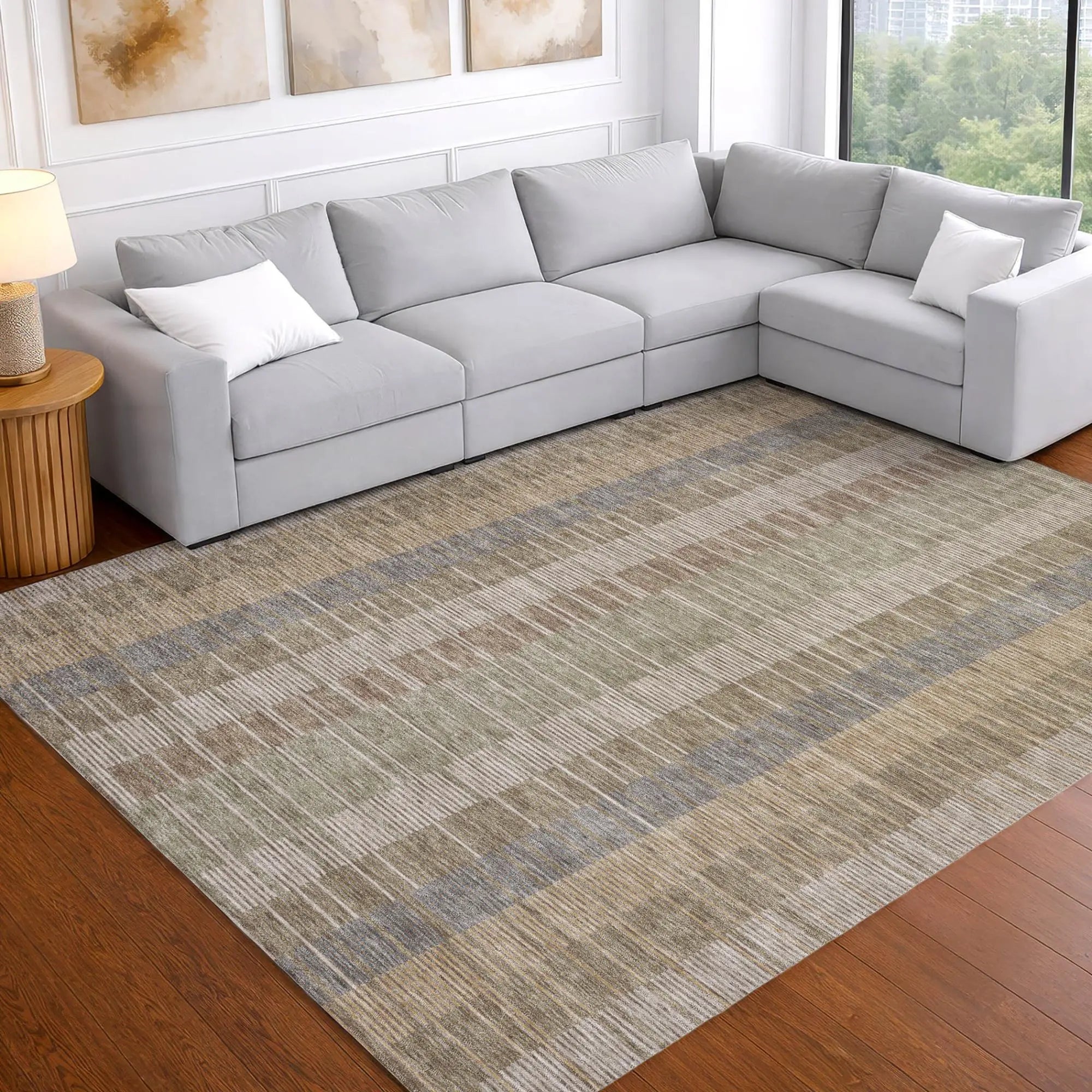 8' X 10' Taupe And Brown Striped Washable Indoor Outdoor Area Rug Homeroots Outdoor