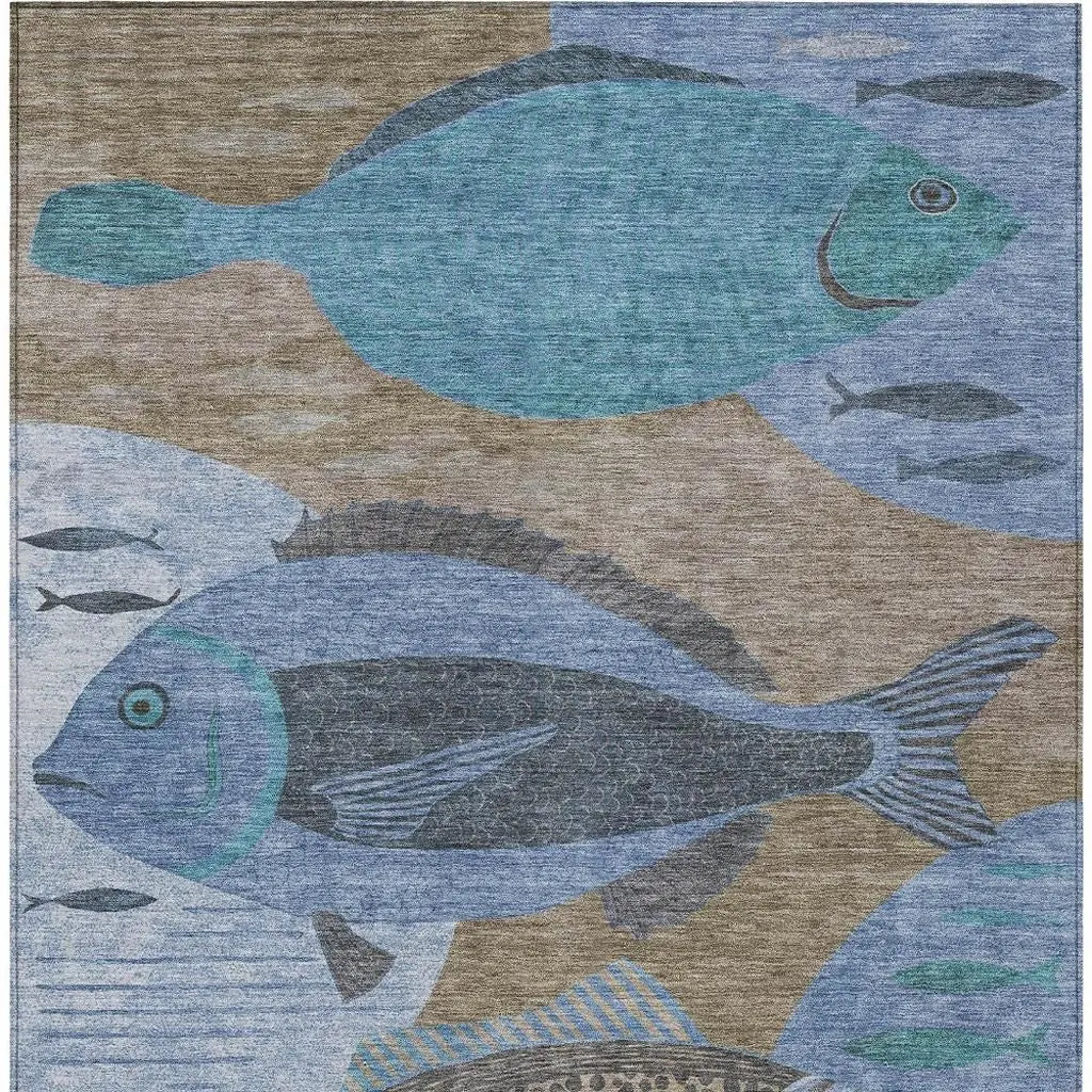 8' X 10' Taupe And Denim Blue Tropical Fish Washable Indoor Outdoor Area Rug Homeroots Outdoor