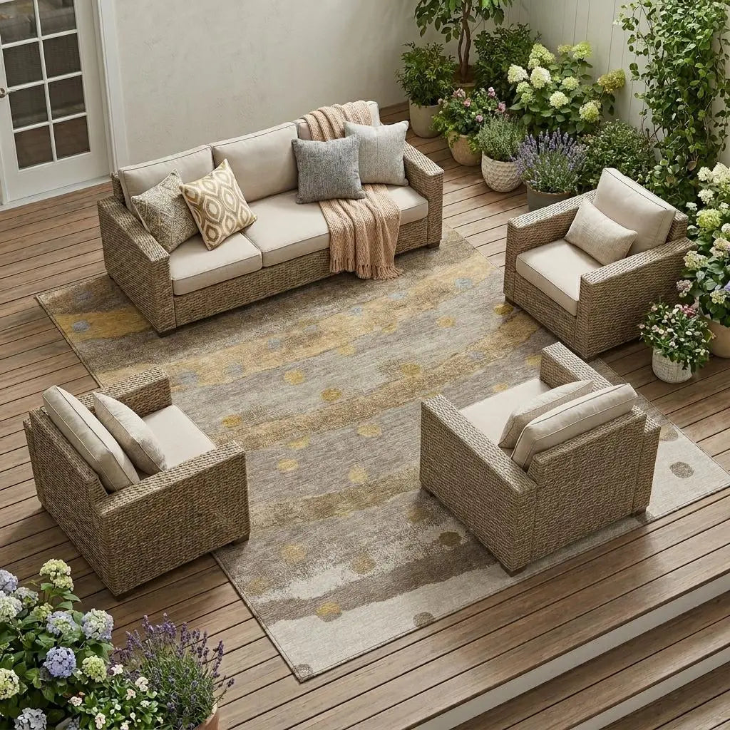 8' X 10' Taupe And Gold Striped Washable Indoor Outdoor Area Rug Homeroots Outdoor