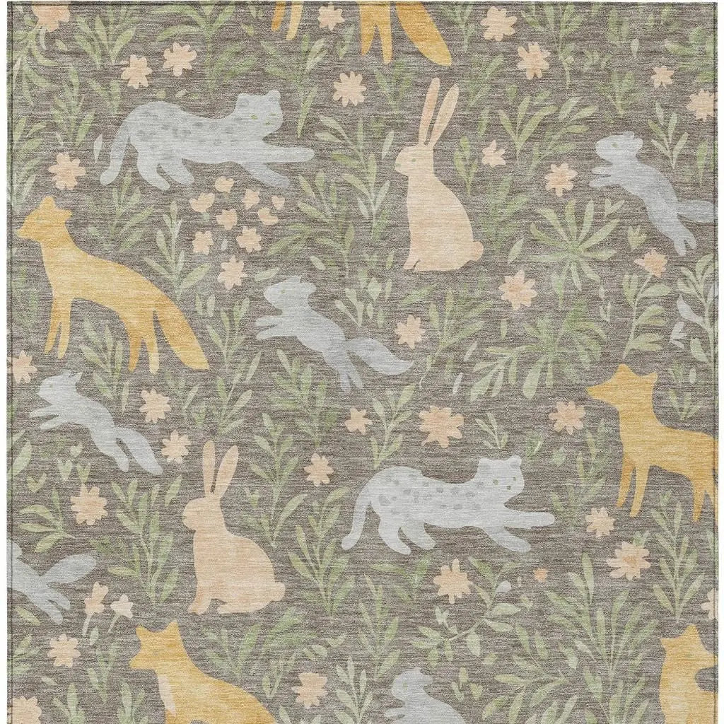 8' X 10' Taupe And Green Forest Animals And Botanical Leaves Washable Area Rug Homeroots Outdoor