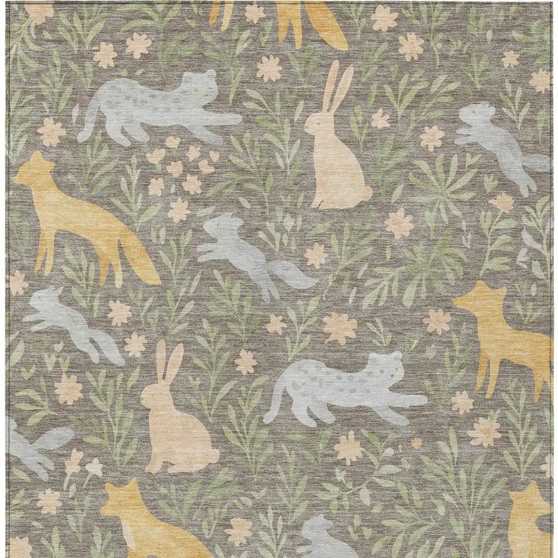 8' X 10' Taupe And Green Forest Animals And Botanical Leaves Washable Area Rug Homeroots Outdoor