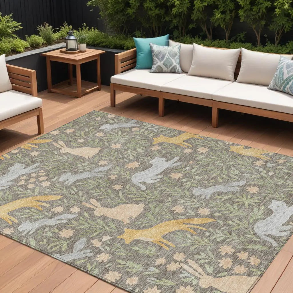 8' X 10' Taupe And Green Forest Animals And Botanical Leaves Washable Area Rug Homeroots Outdoor