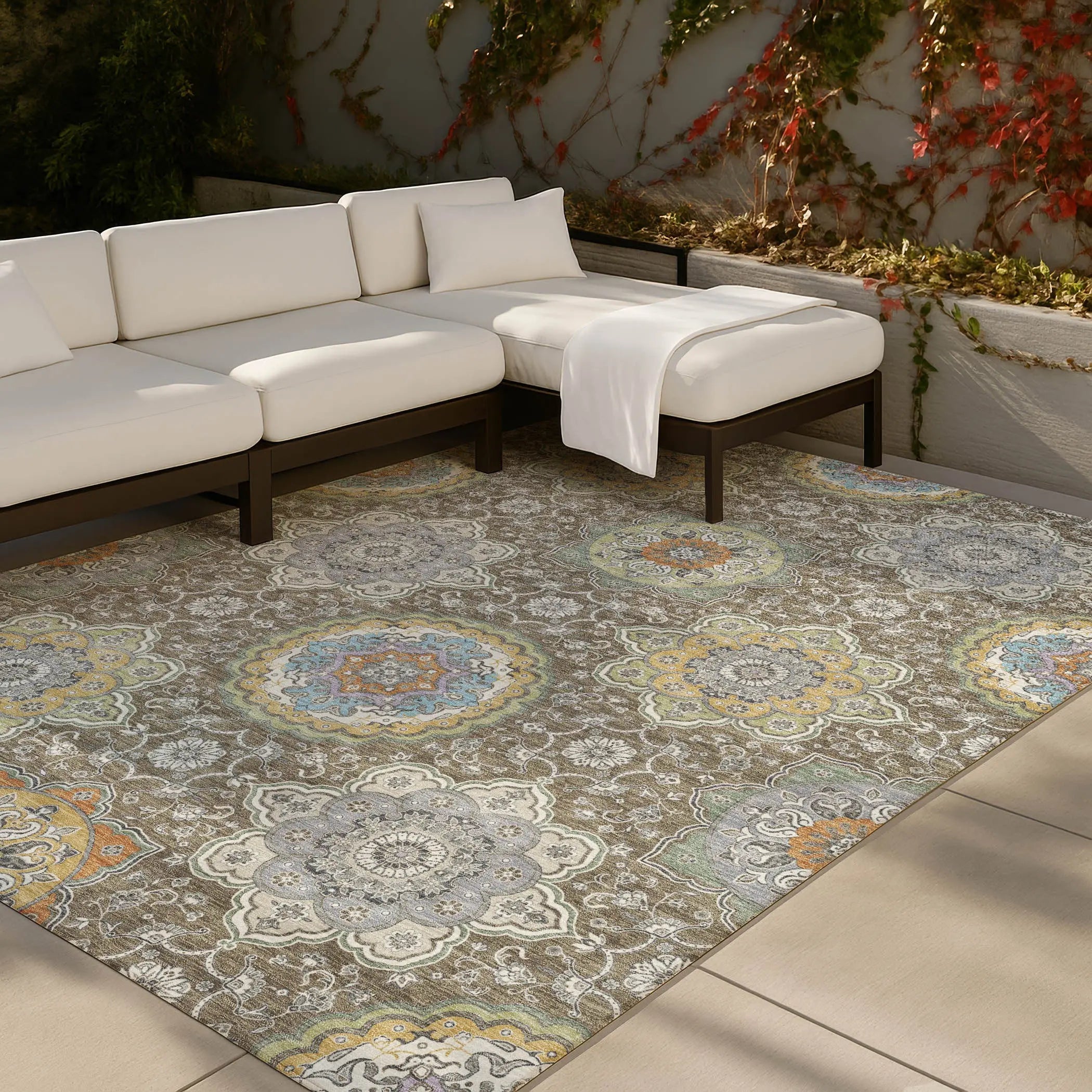8' X 10' Taupe And Ivory Floral Medallion Washable Indoor Outdoor Area Rug Homeroots Outdoor
