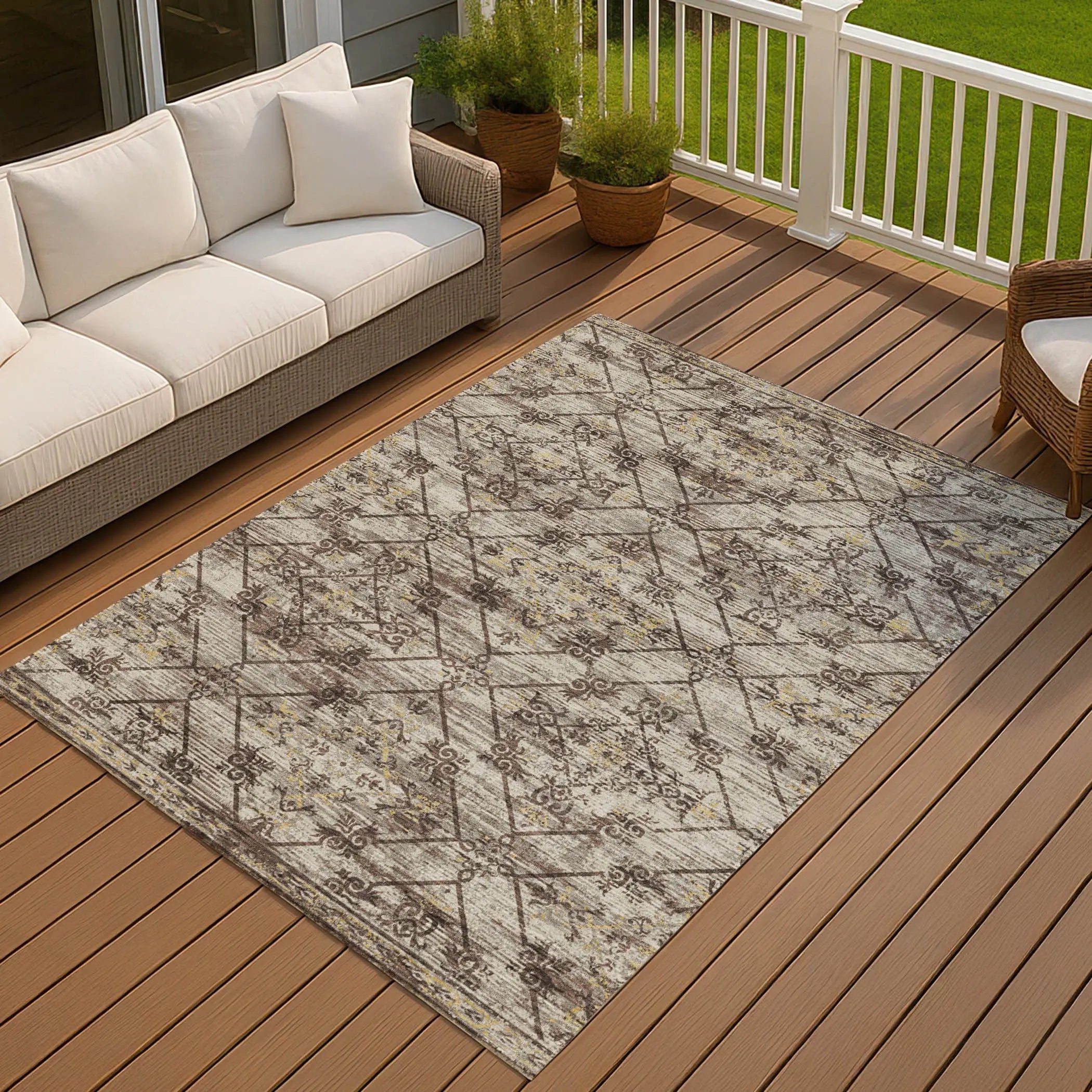 8' X 10' Taupe And Ivory Geometric Washable Indoor Outdoor Area Rug Homeroots Outdoor