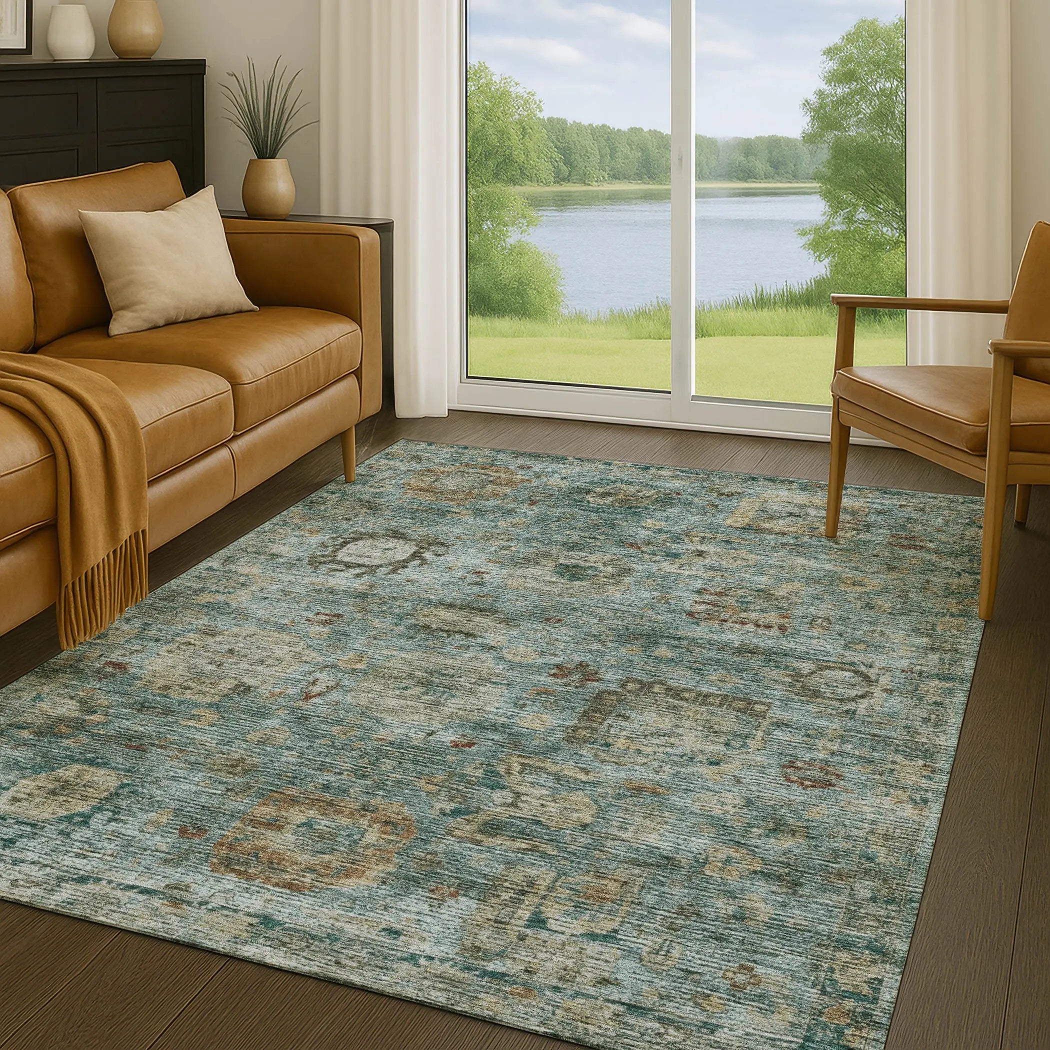 8' X 10' Teal Blue And Aqua Abstract Washable Indoor Outdoor Area Rug Homeroots Outdoor