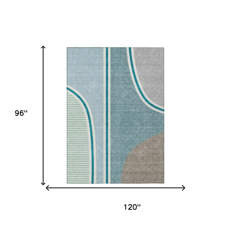 Contemporary 120" x 96" area rug in teal, gray, and beige with abstract geometric patterns. Soft, durable material.