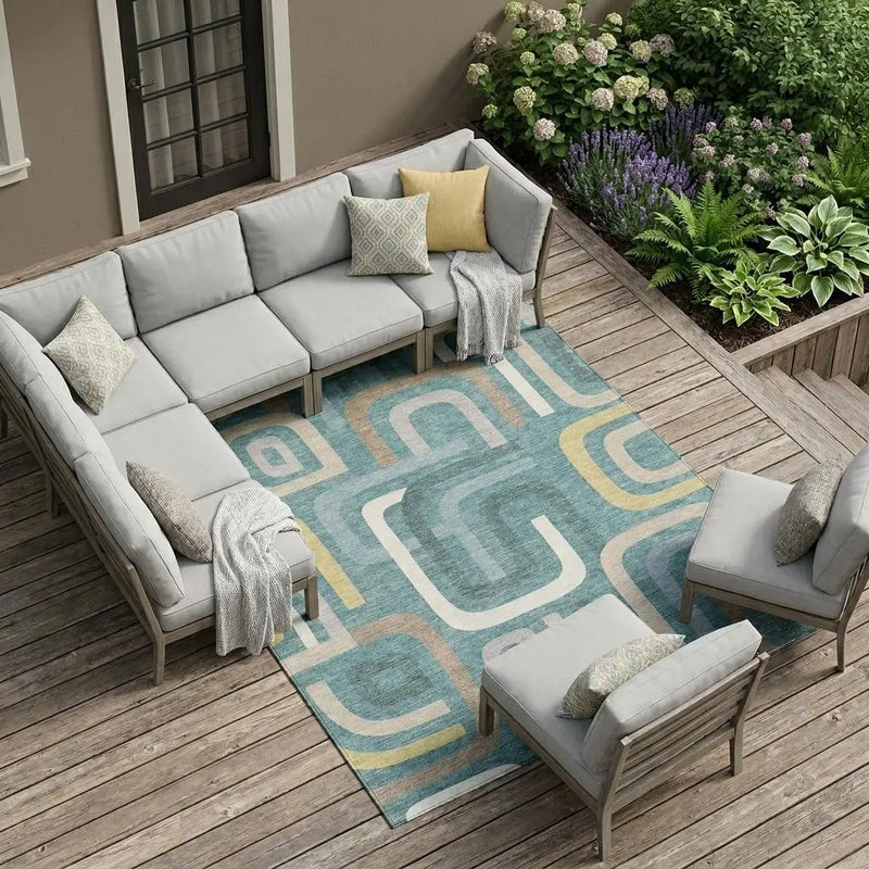 8' X 10' Teal Blue And Aqua Geometric Washable Indoor Outdoor Area Rug Homeroots Outdoor