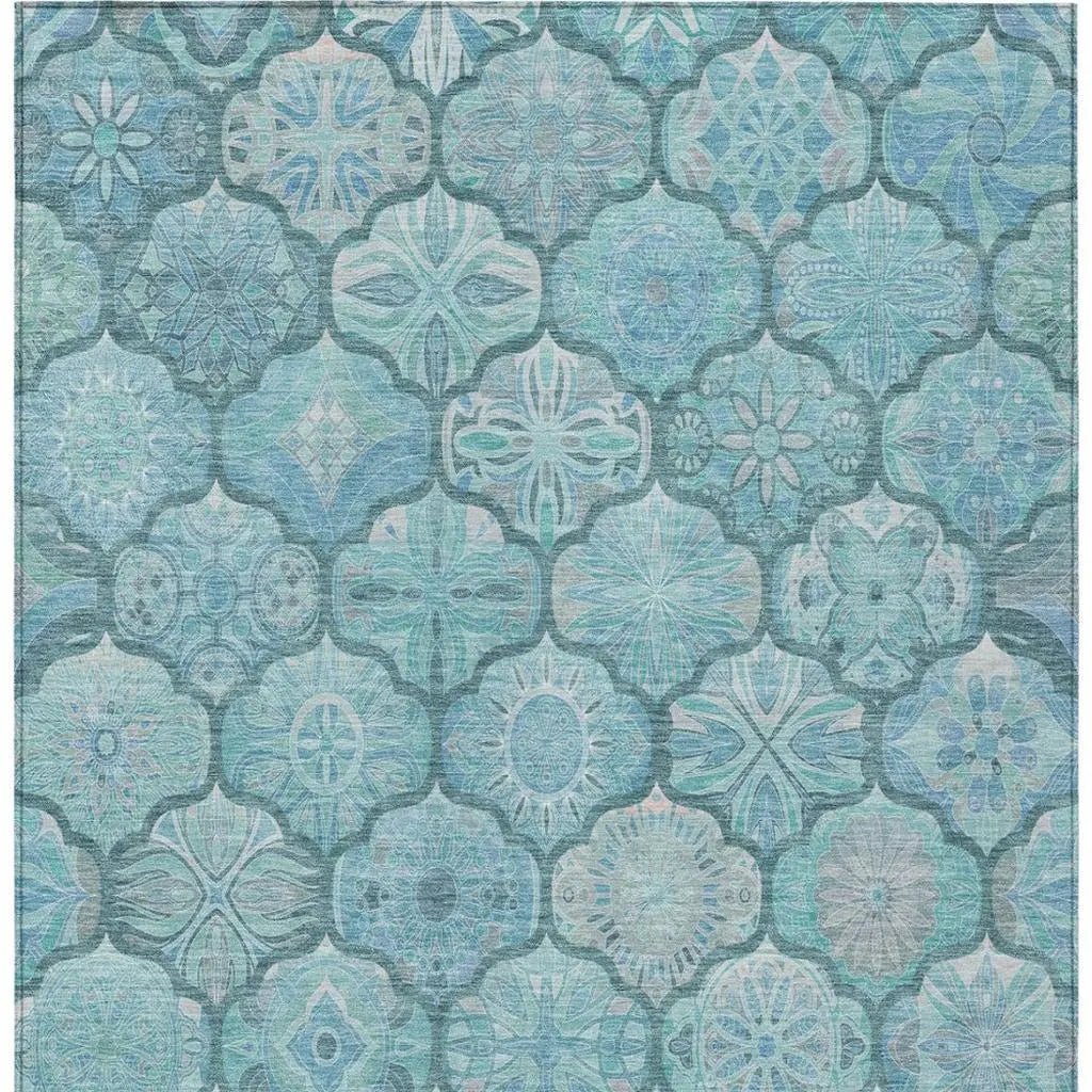 8' X 10' Teal Blue And Aqua Ogee Washable Indoor Outdoor Area Rug Homeroots Outdoor