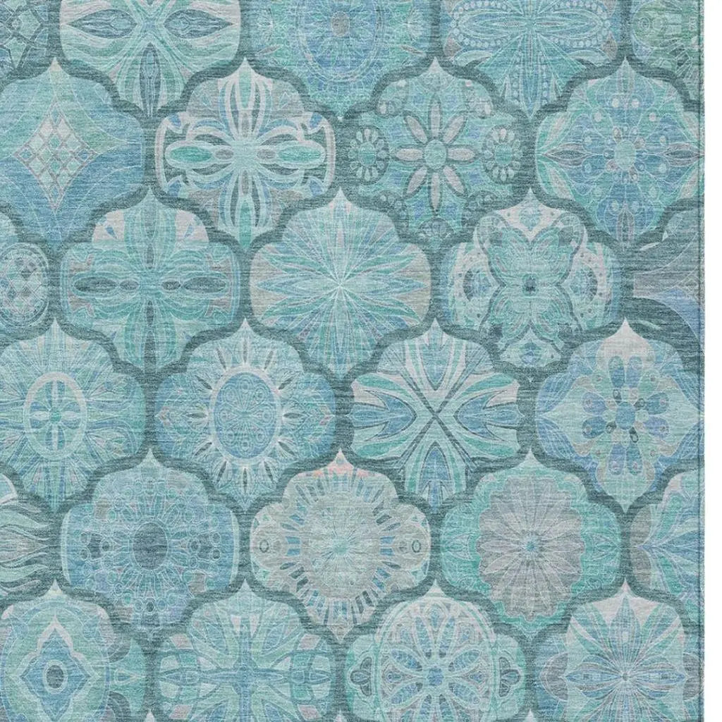 8' X 10' Teal Blue And Aqua Ogee Washable Indoor Outdoor Area Rug Homeroots Outdoor
