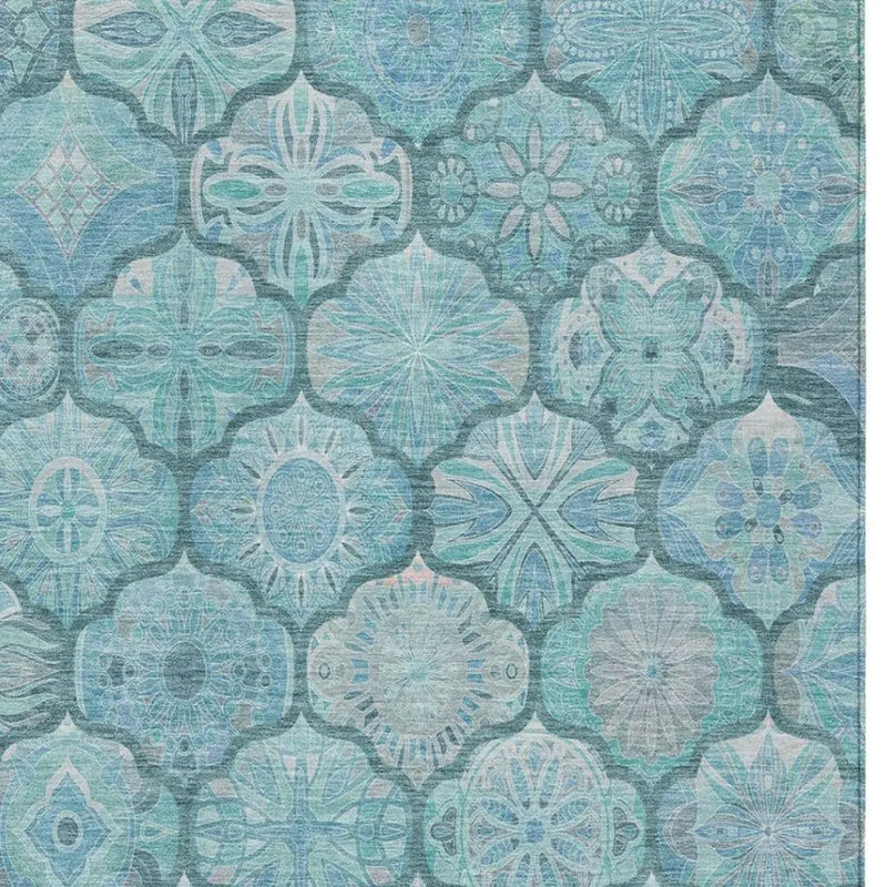 8' X 10' Teal Blue And Aqua Ogee Washable Indoor Outdoor Area Rug Homeroots Outdoor