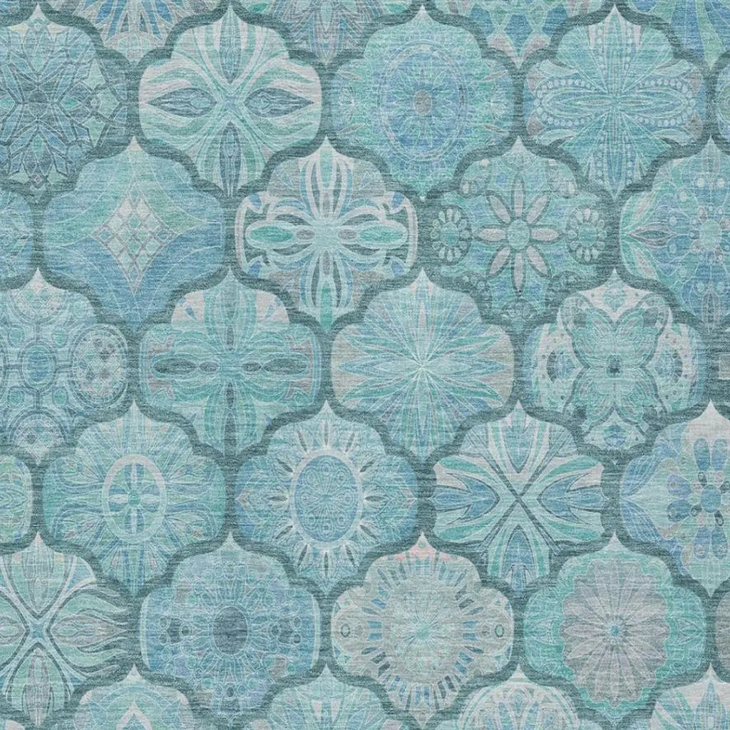 8' X 10' Teal Blue And Aqua Ogee Washable Indoor Outdoor Area Rug Homeroots Outdoor
