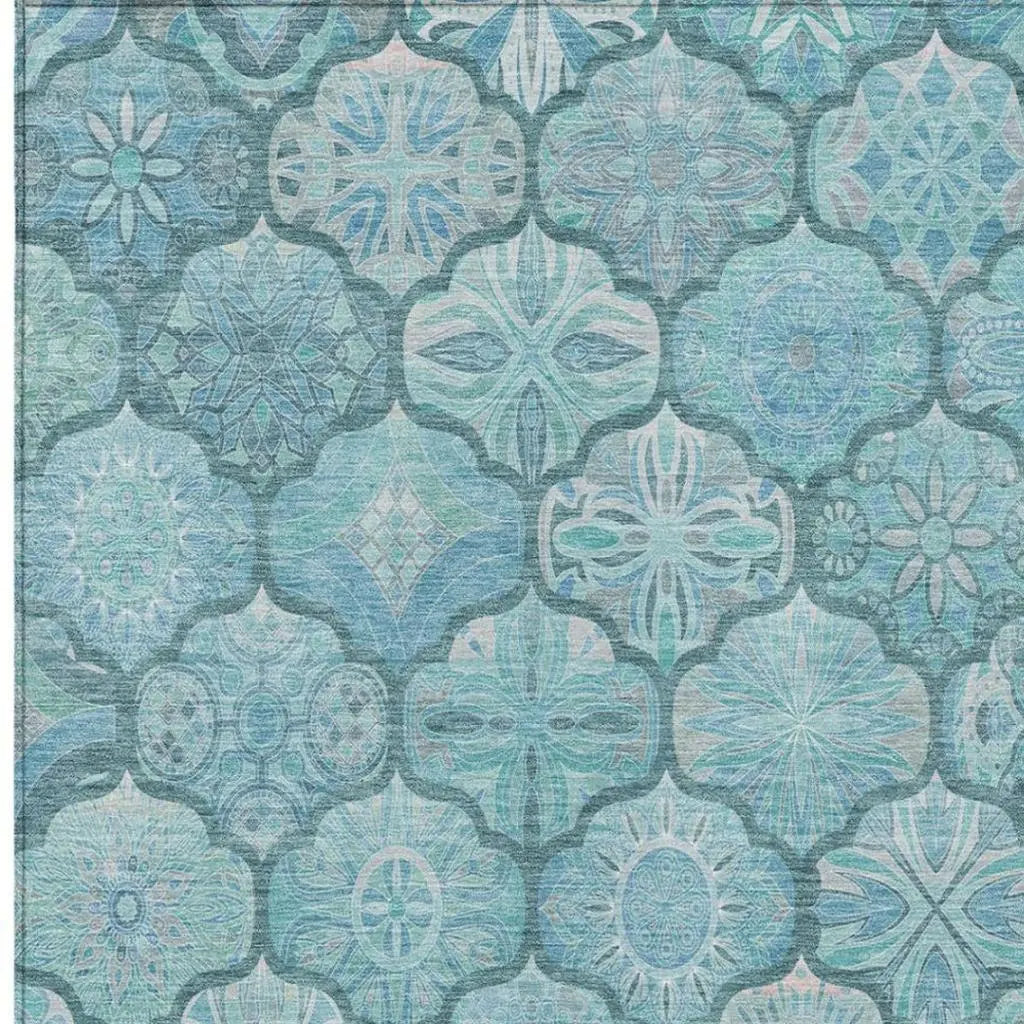 8' X 10' Teal Blue And Aqua Ogee Washable Indoor Outdoor Area Rug Homeroots Outdoor