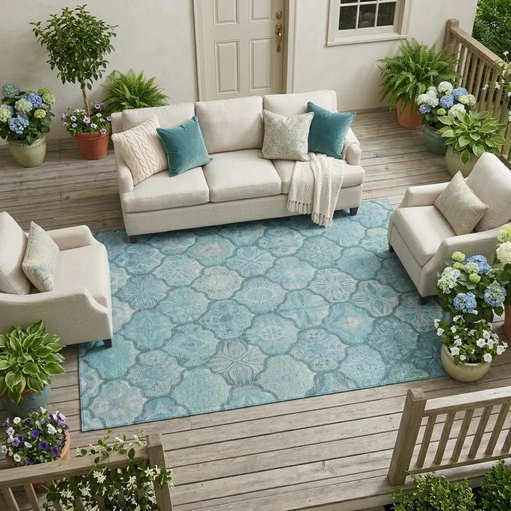 8' X 10' Teal Blue And Aqua Ogee Washable Indoor Outdoor Area Rug Homeroots Outdoor