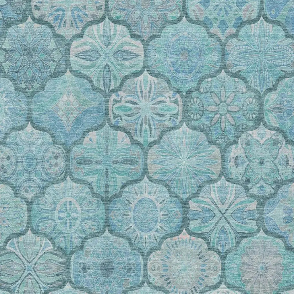 8' X 10' Teal Blue And Aqua Ogee Washable Indoor Outdoor Area Rug Homeroots Outdoor