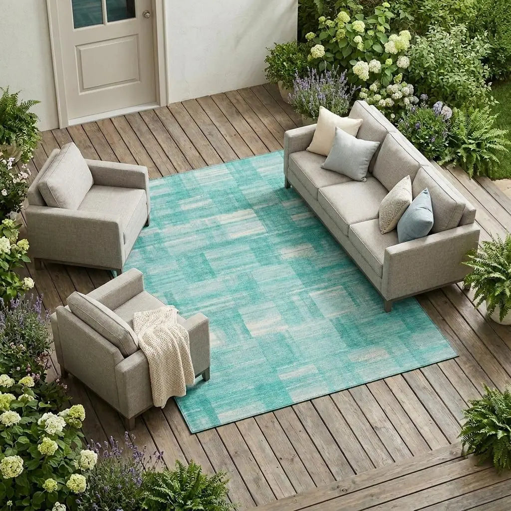 8' X 10' Teal Blue And Aqua Striped Washable Indoor Outdoor Area Rug Homeroots Outdoor
