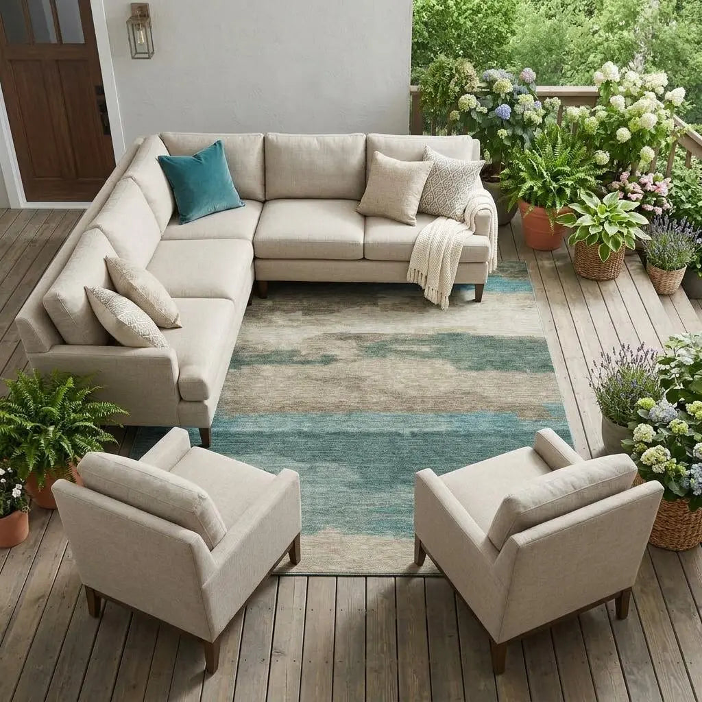 8' X 10' Teal Blue And Beige Abstract Washable Indoor Outdoor Area Rug Homeroots Outdoor