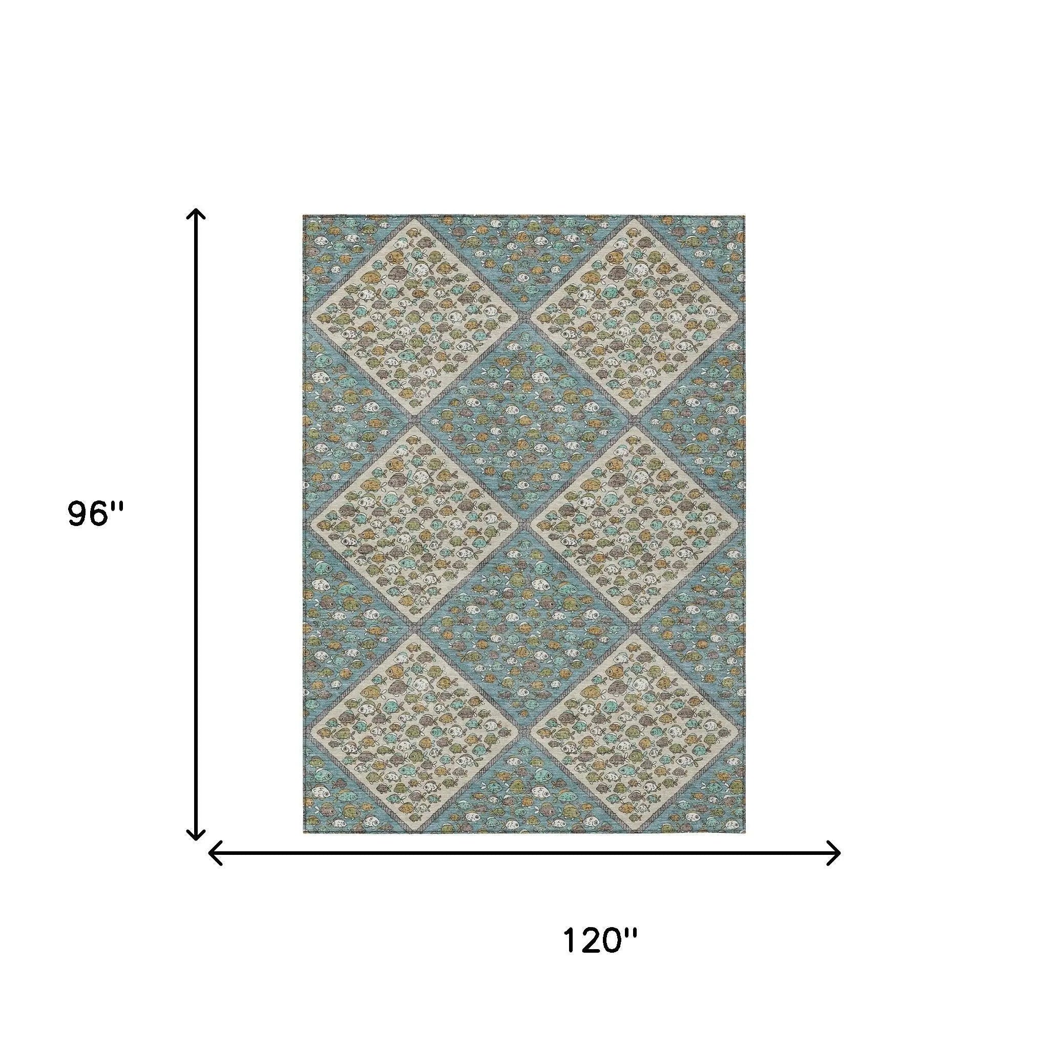 8' X 10' Teal Blue And Beige Abstract Washable Indoor Outdoor Area Rug Homeroots Outdoor