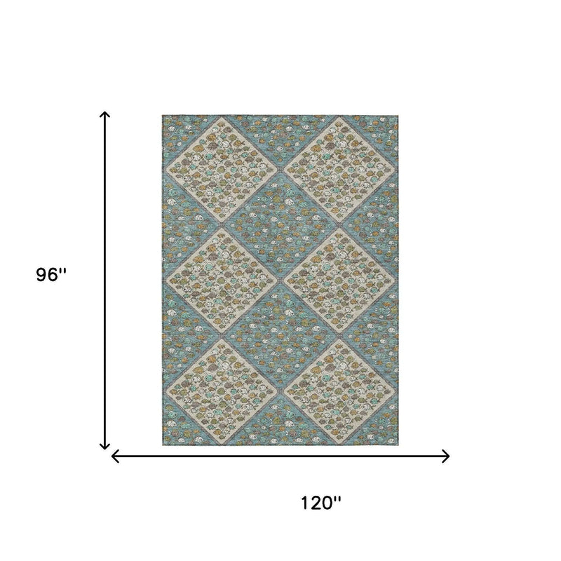 8' X 10' Teal Blue And Beige Abstract Washable Indoor Outdoor Area Rug Homeroots Outdoor