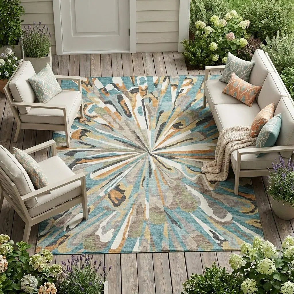 8' X 10' Teal Blue And Beige Abstract Washable Indoor Outdoor Area Rug Homeroots Outdoor