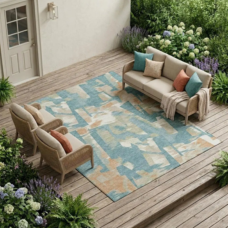 8' X 10' Teal Blue And Beige Abstract Washable Indoor Outdoor Area Rug Homeroots Outdoor
