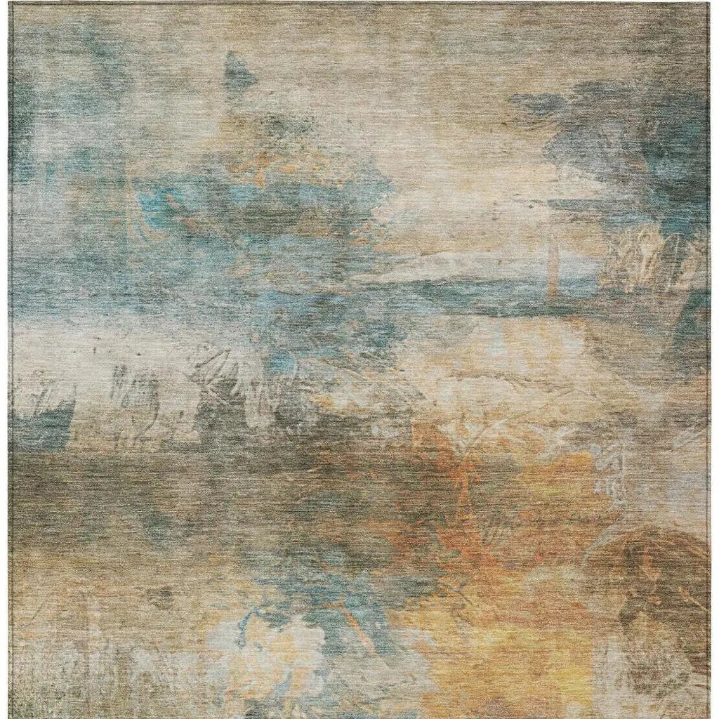 8' X 10' Teal Blue And Beige Abstract Washable Indoor Outdoor Area Rug Homeroots Outdoor