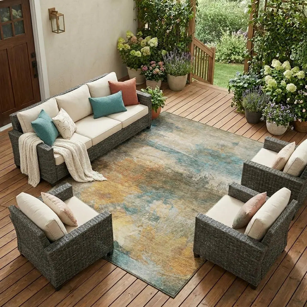 8' X 10' Teal Blue And Beige Abstract Washable Indoor Outdoor Area Rug Homeroots Outdoor