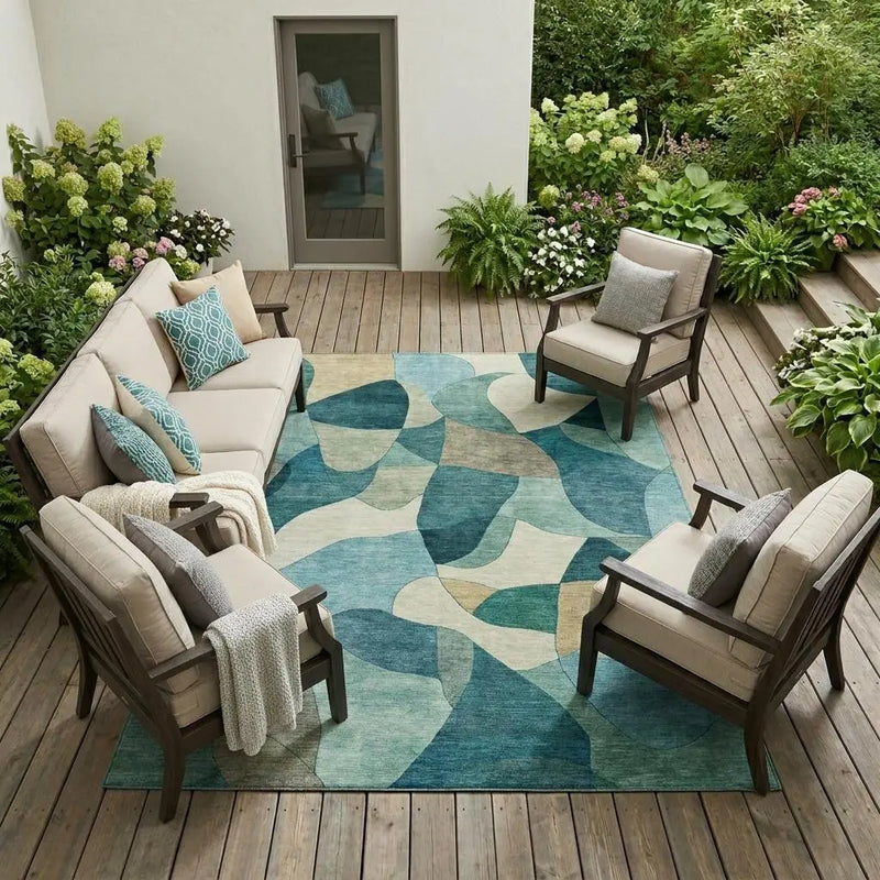 8' X 10' Teal Blue And Beige Abstract Washable Indoor Outdoor Area Rug Homeroots Outdoor