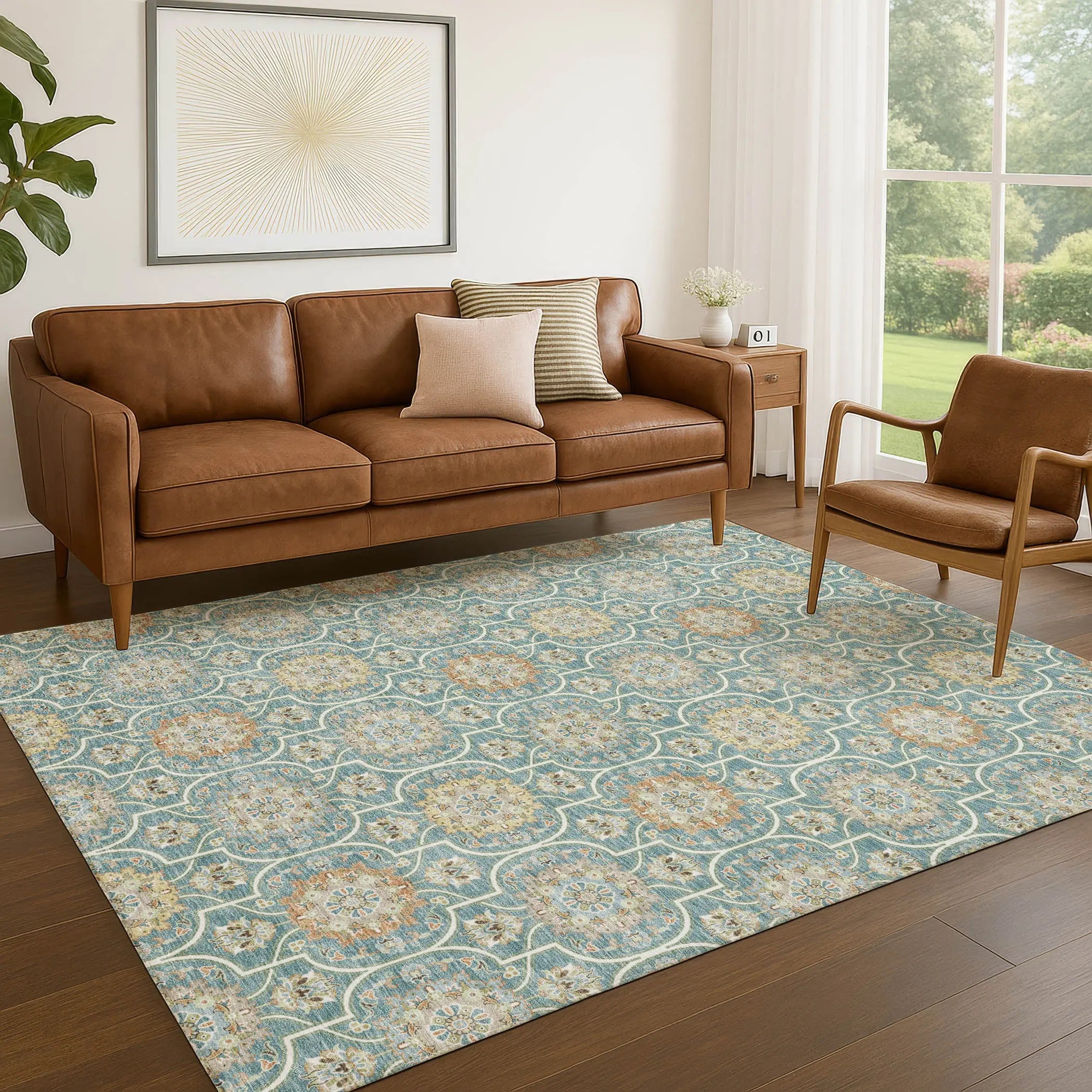 8' X 10' Teal Blue And Beige Floral Medallion Washable Indoor Outdoor Area Rug Homeroots Outdoor