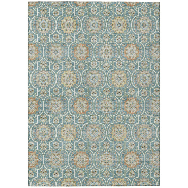 8' X 10' Teal Blue And Beige Floral Medallion Washable Indoor Outdoor Area Rug Homeroots Outdoor