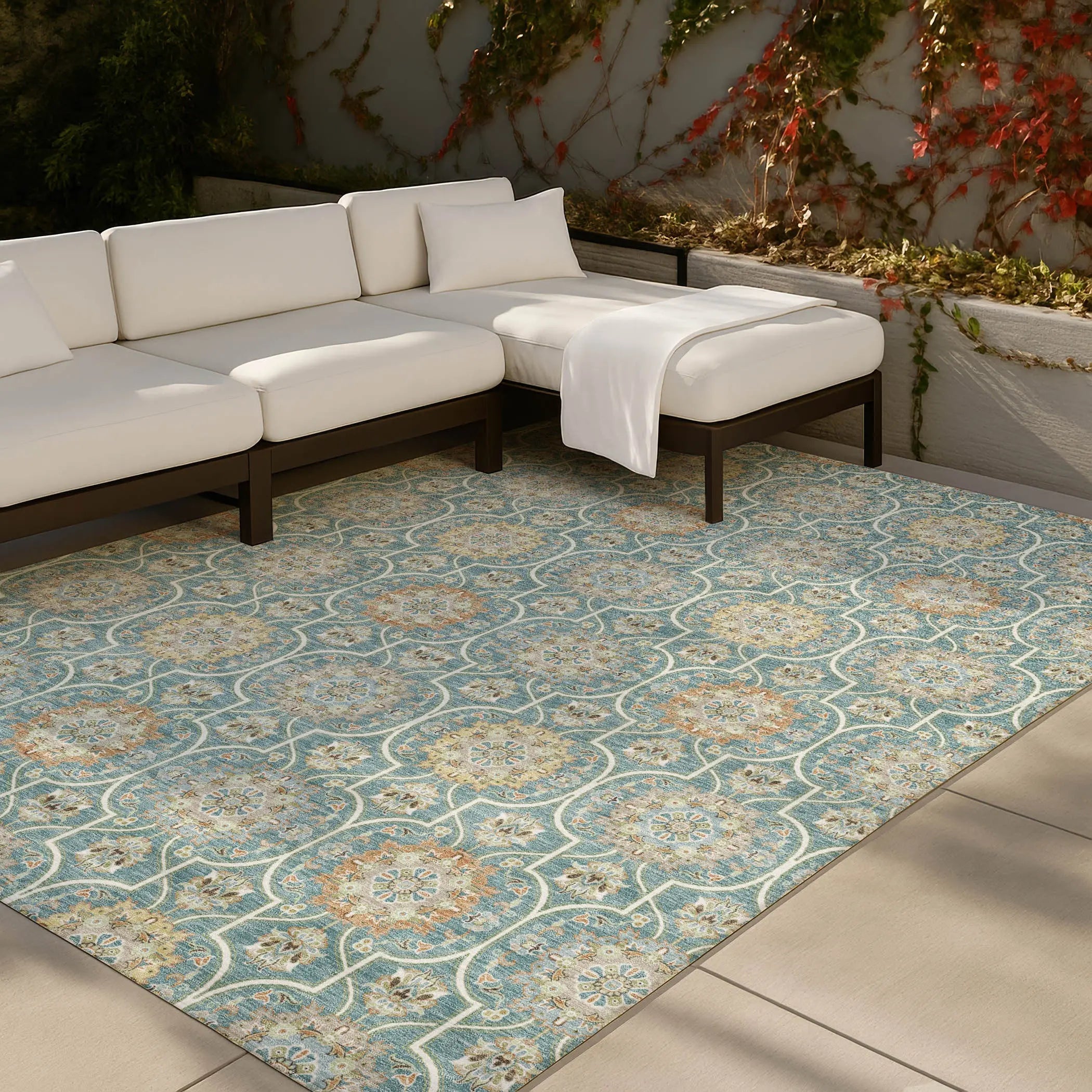 8' X 10' Teal Blue And Beige Floral Medallion Washable Indoor Outdoor Area Rug Homeroots Outdoor