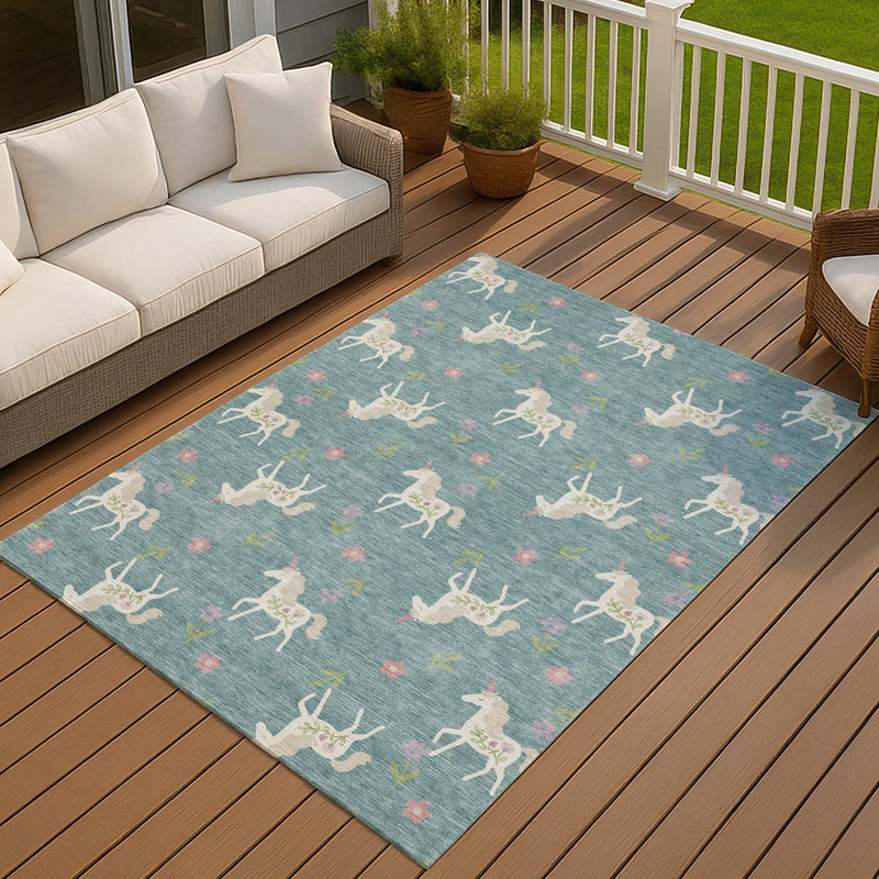 8' X 10' Teal Blue And Beige Floral Washable Indoor Outdoor Area Rug Homeroots Outdoor