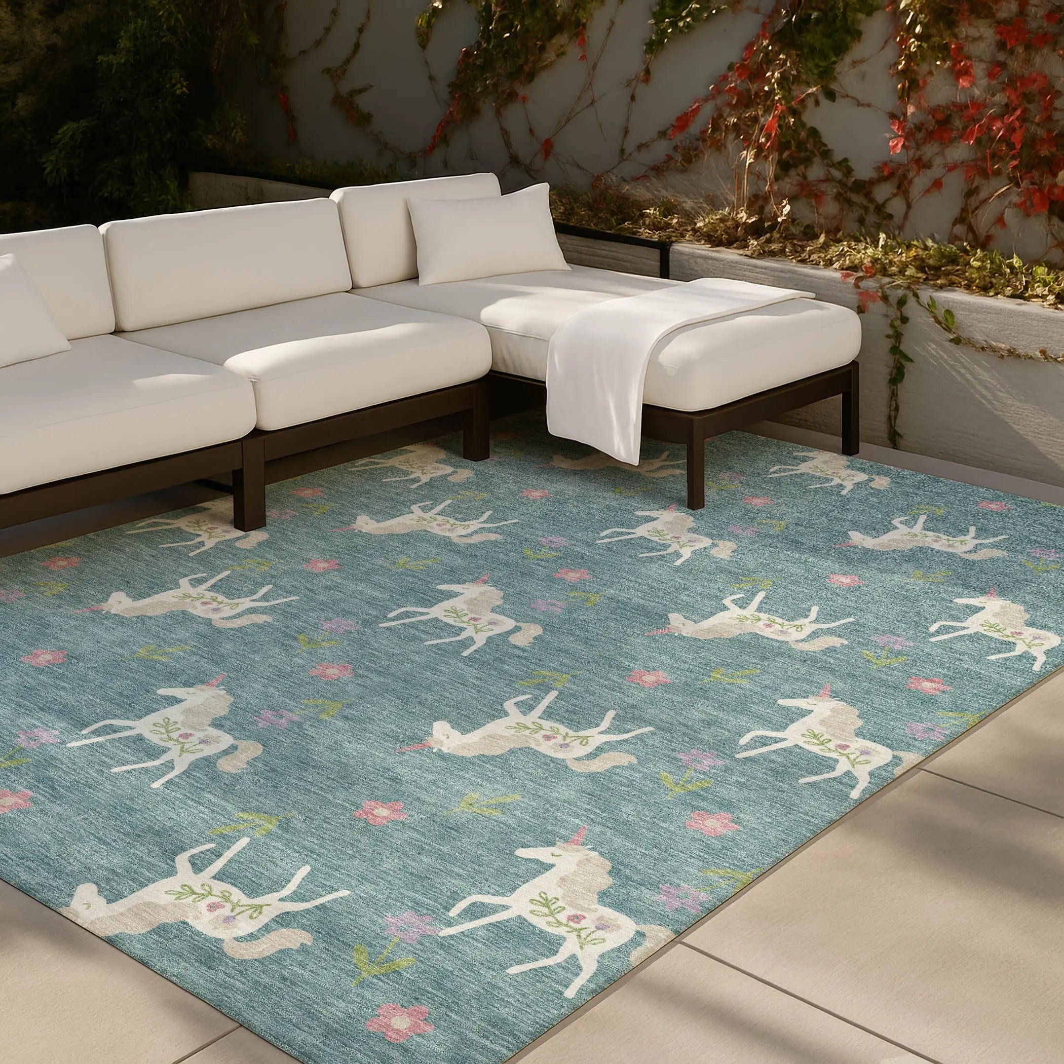 8' X 10' Teal Blue And Beige Floral Washable Indoor Outdoor Area Rug Homeroots Outdoor