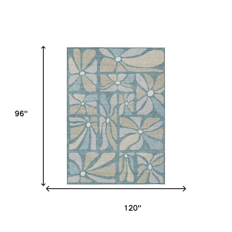 8' X 10' Teal Blue And Beige Floral Washable Indoor Outdoor Area Rug Homeroots Outdoor