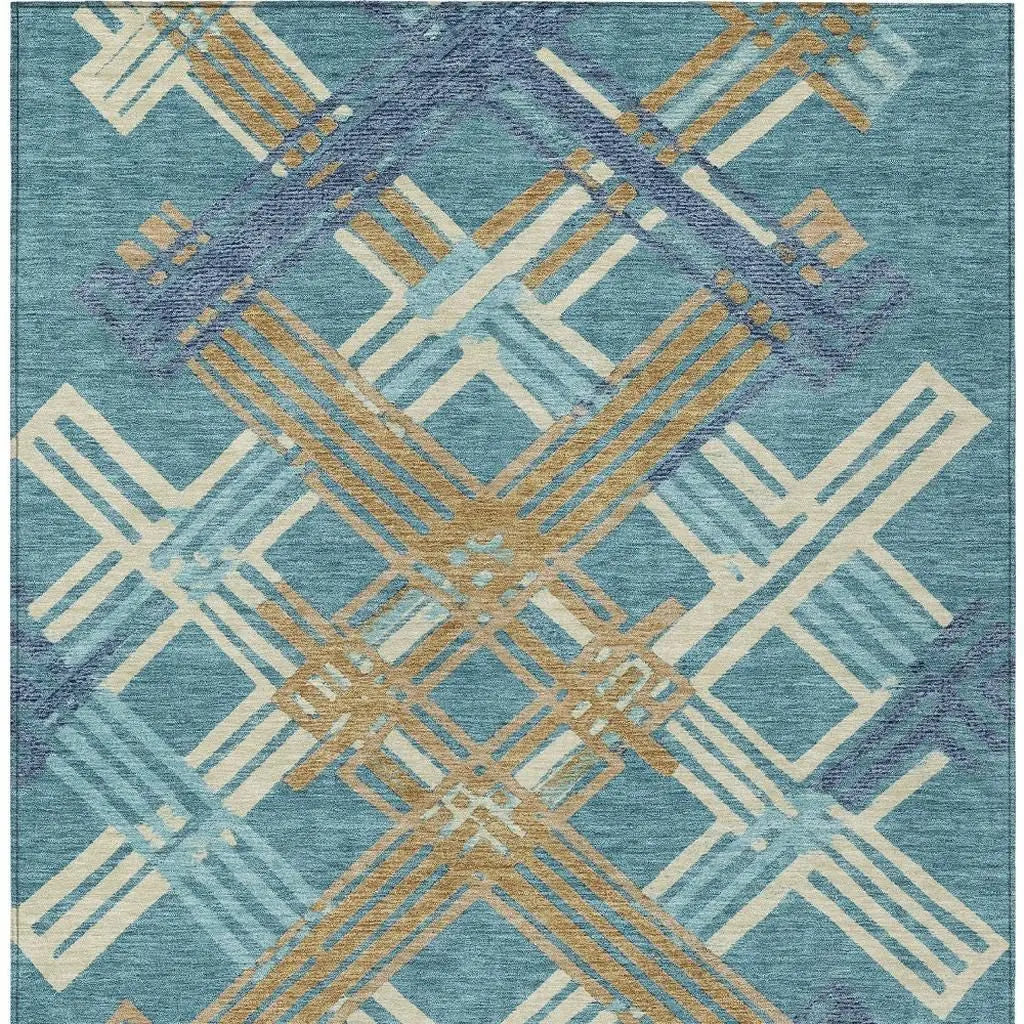 8' X 10' Teal Blue And Beige Geometric Washable Indoor Outdoor Area Rug Homeroots Outdoor