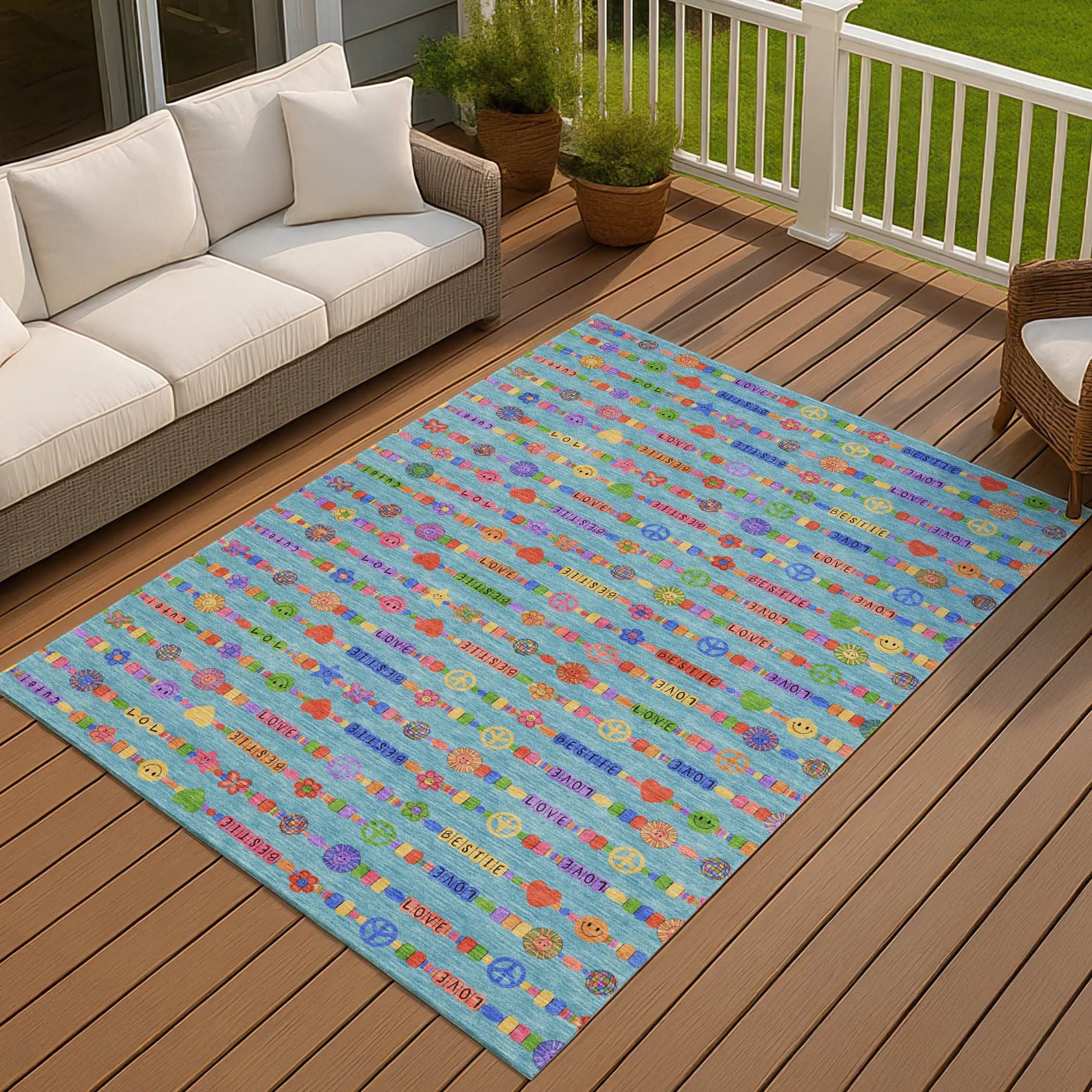 8' X 10' Teal Blue And Beige Geometric Washable Indoor Outdoor Area Rug Homeroots Outdoor