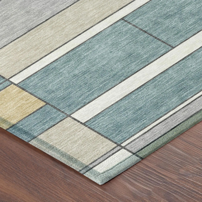 8' X 10' Teal Blue And Beige Geometric Washable Indoor Outdoor Area Rug Homeroots Outdoor
