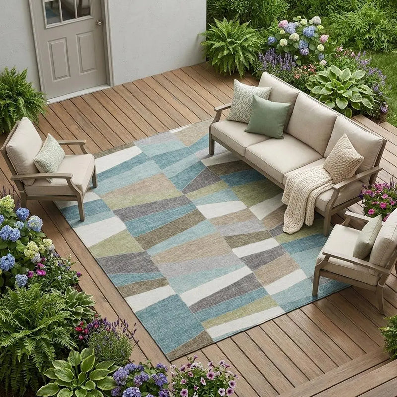 8' X 10' Teal Blue And Beige Geometric Washable Indoor Outdoor Area Rug Homeroots Outdoor