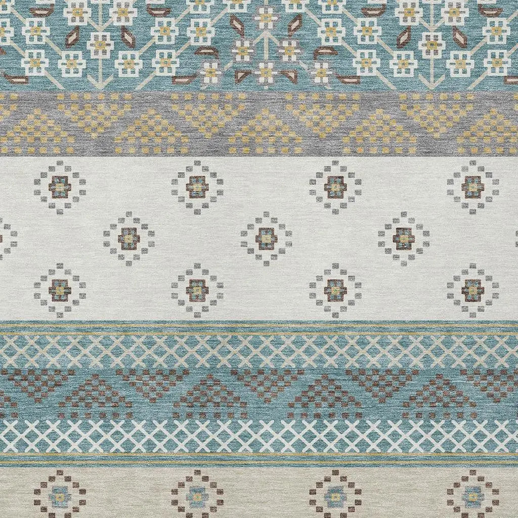 8' X 10' Teal Blue And Beige Striped Washable Indoor Outdoor Area Rug Homeroots Outdoor