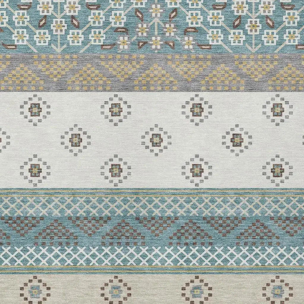 8' X 10' Teal Blue And Beige Striped Washable Indoor Outdoor Area Rug Homeroots Outdoor