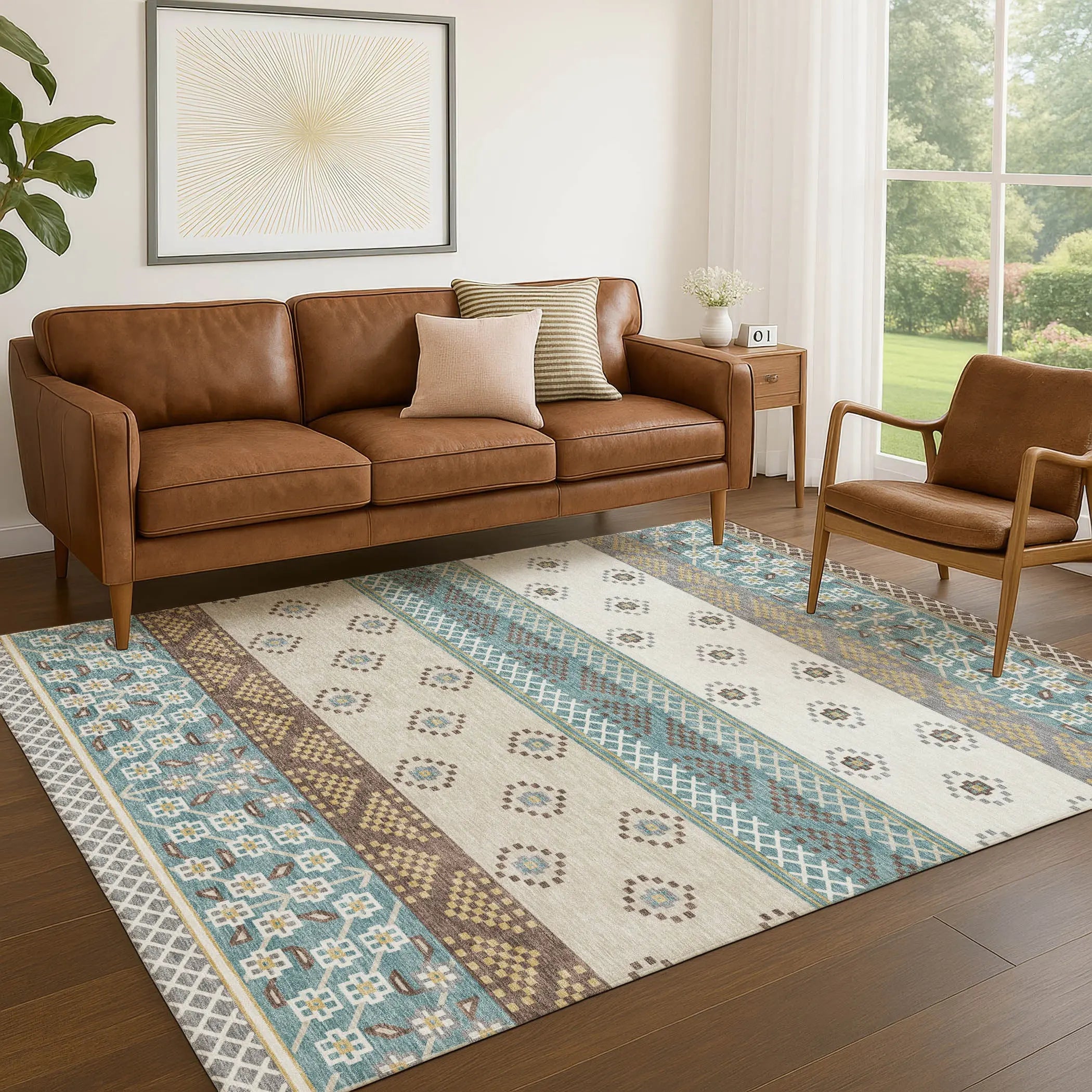 8' X 10' Teal Blue And Beige Striped Washable Indoor Outdoor Area Rug Homeroots Outdoor