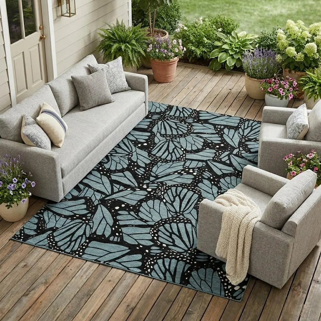 8' X 10' Teal Blue And Black Animal Print Washable Indoor Outdoor Area Rug Homeroots Outdoor