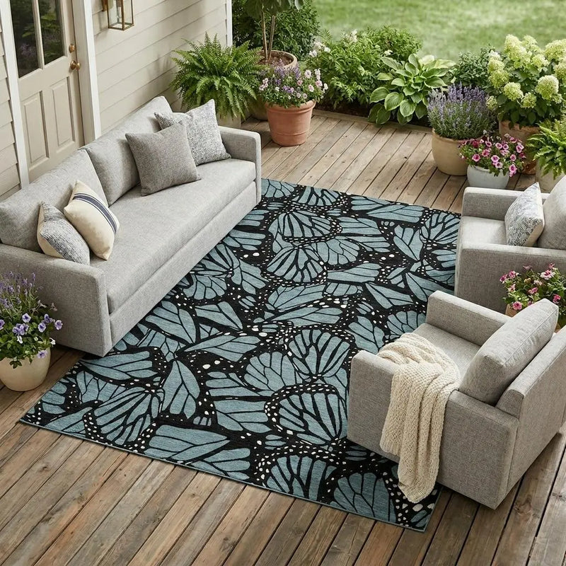 8' X 10' Teal Blue And Black Animal Print Washable Indoor Outdoor Area Rug Homeroots Outdoor