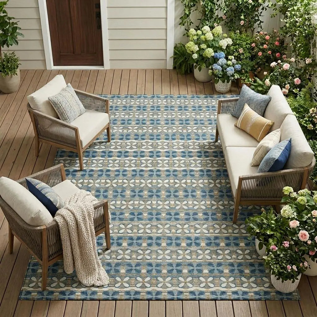 8' X 10' Teal Blue And Black Striped Washable Indoor Outdoor Area Rug Homeroots Outdoor