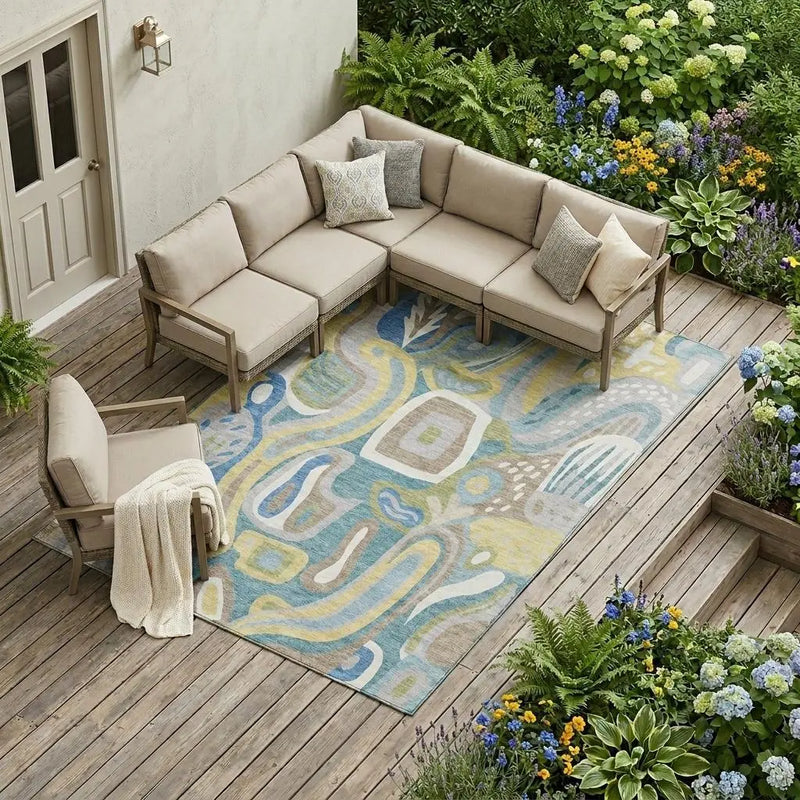 8' X 10' Teal Blue And Blue Abstract Washable Indoor Outdoor Area Rug Homeroots Outdoor
