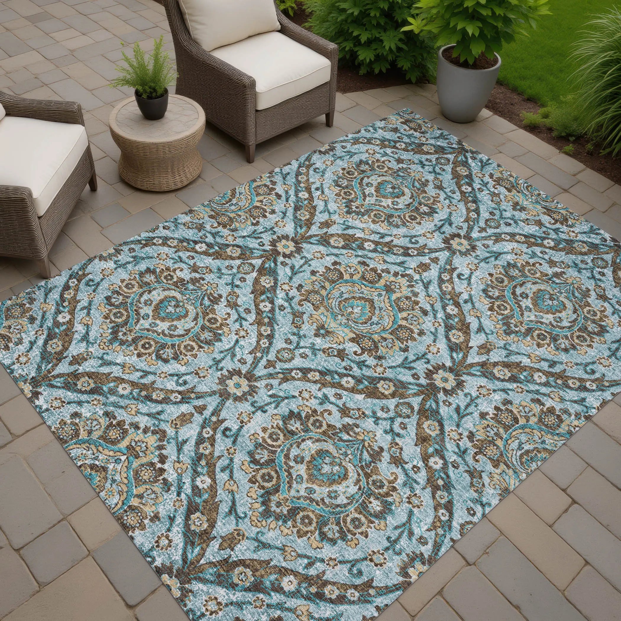 8' X 10' Teal Blue And Blue Floral Washable Indoor Outdoor Area Rug Homeroots Outdoor