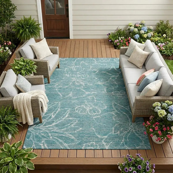 8' X 10' Teal Blue And Blue Floral Washable Indoor Outdoor Area Rug Homeroots Outdoor