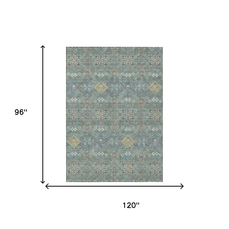 8' X 10' Teal Blue And Blue Oriental Washable Indoor Outdoor Area Rug Homeroots Outdoor