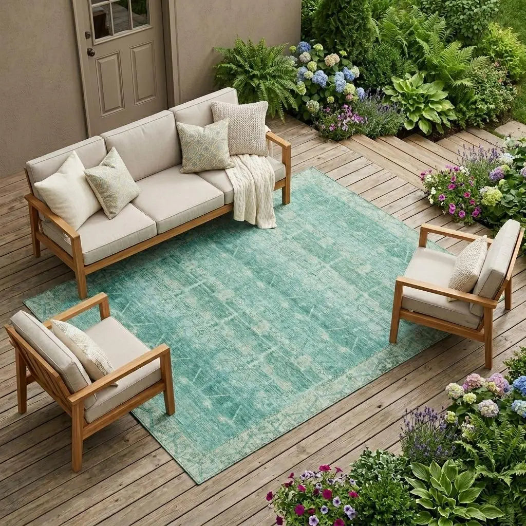 8' X 10' Teal Blue And Blue Tribal Washable Indoor Outdoor Area Rug Homeroots Outdoor